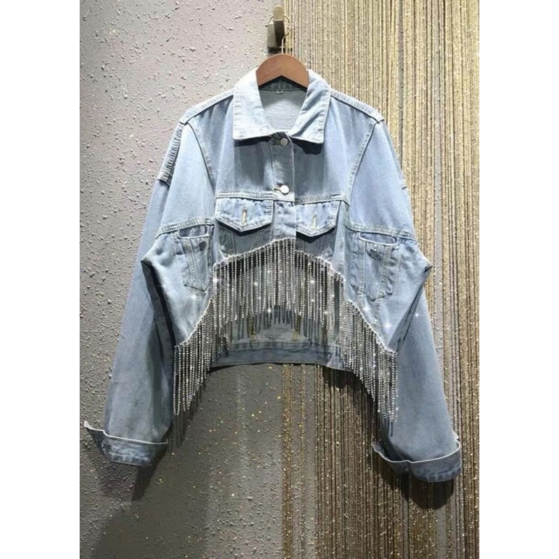 Loose Blue Peter Pan Collar Patchwork Tassel Zircon Button Denim Coats Long Sleeve