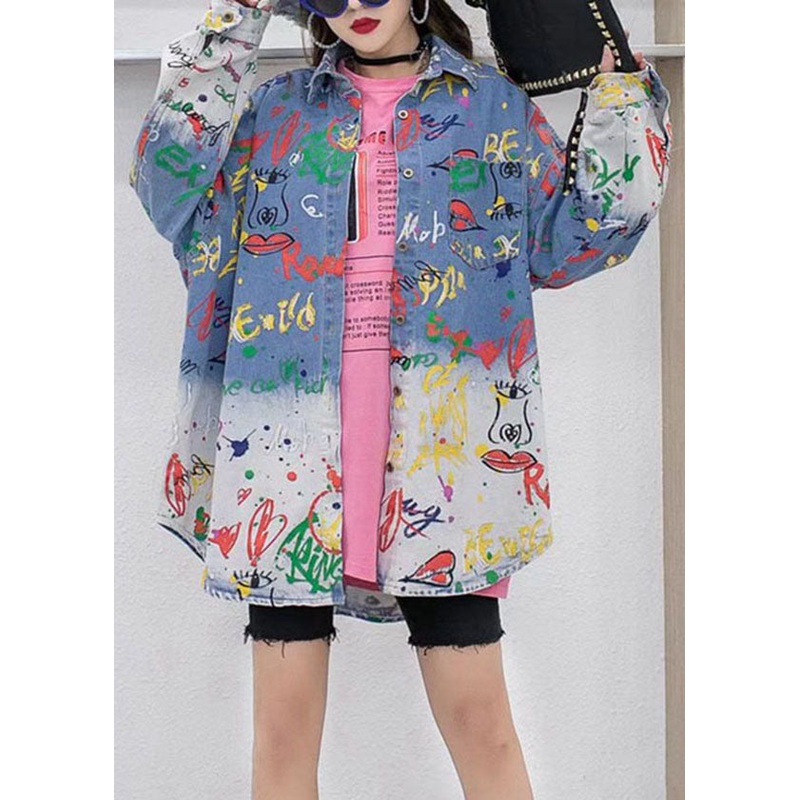 Loose Blue Peter Pan Collar Print Patchwork Denim Coat Long Sleeve
