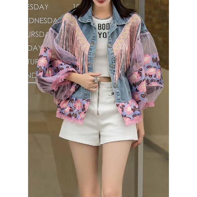Loose Blue Tasseled Embroideried Ruffled Patchwork Denim Coat Lantern Sleeve