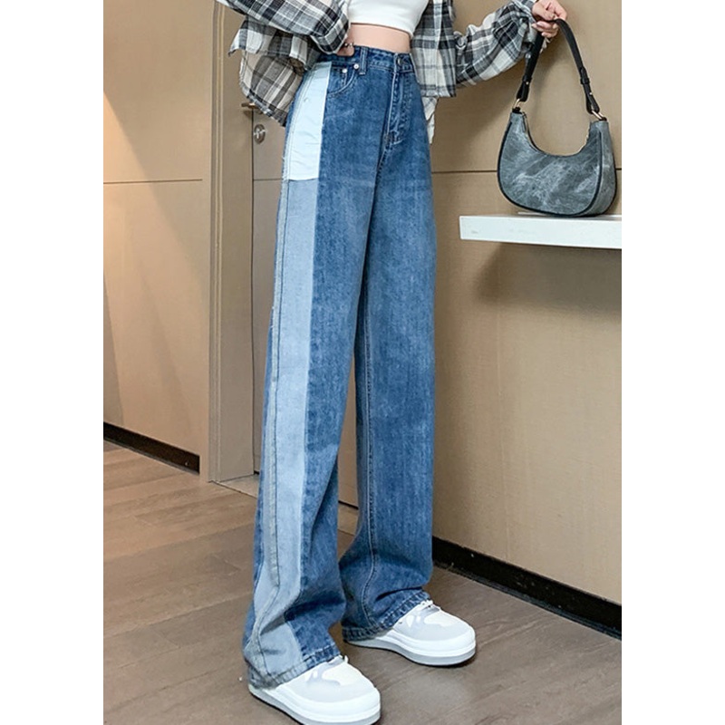 Modern Blue Patchwork High Waist Button Denim Straight Pants