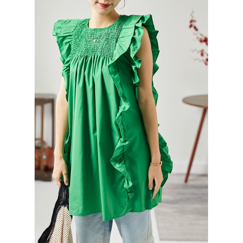 Modern Green O-Neck Wrinkled Patchwork Ruffles Cotton Tops Sleeveless