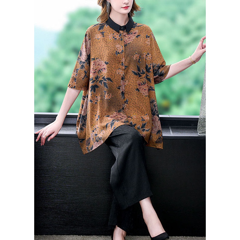 Natural Coffee Peter Pan Collar Print Patchwork Silk Two Piece Suit Set Summer