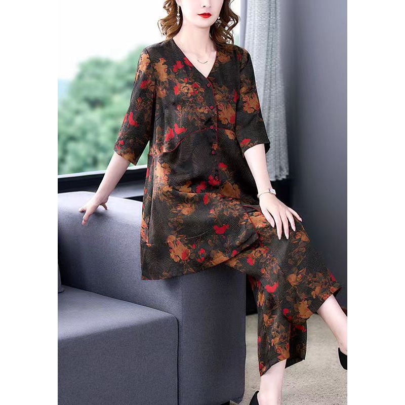 Natural Floral V Neck Print Tops And Pants Silk 2 Piece Outfit Summer