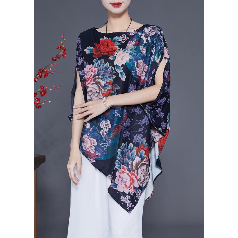 Navy Print Silk Blouse Top Asymmetrical Batwing Sleeve