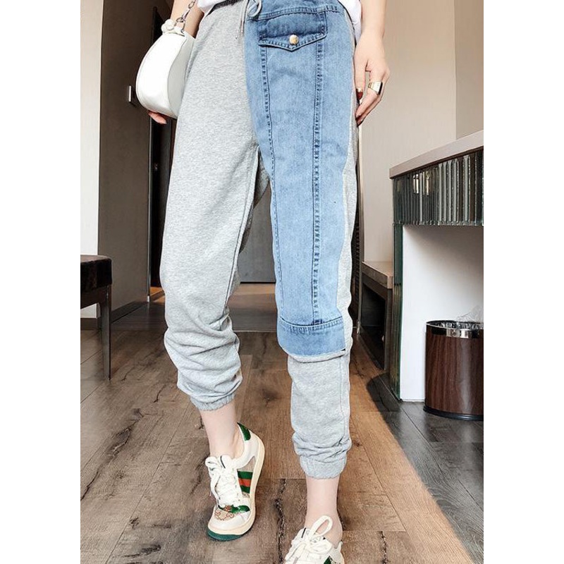 Novelty Grey Patchwork Elastic Waist Tie Waist Beam Pants