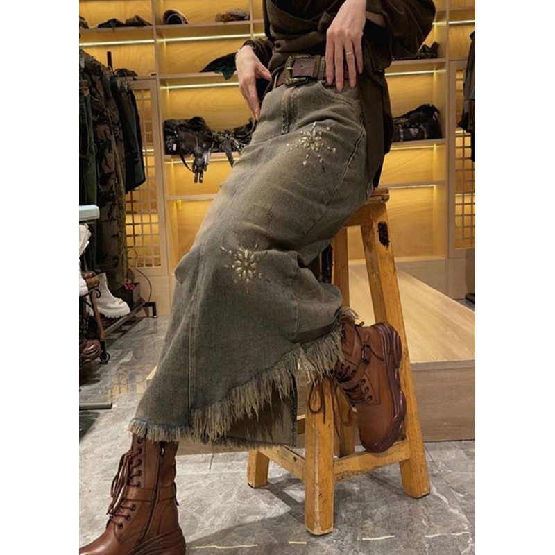 Organic Grey Asymmetrical Patchwork Sashes Tassel Sequins Denim Maxi Skirt