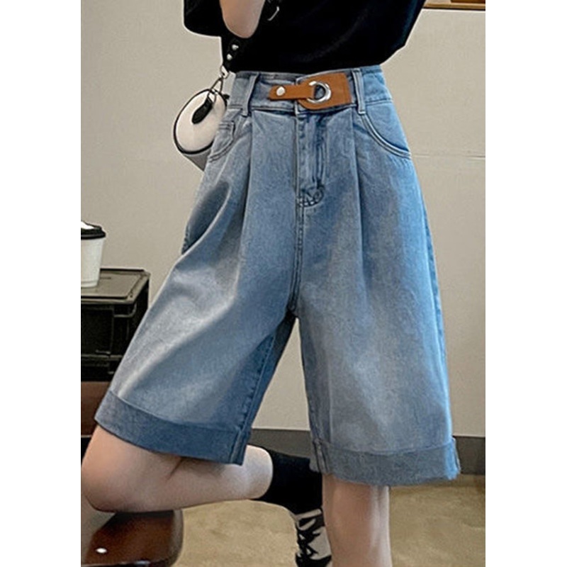 Plus Size Blue Pockets Patchwork Sashes Shorts Summer