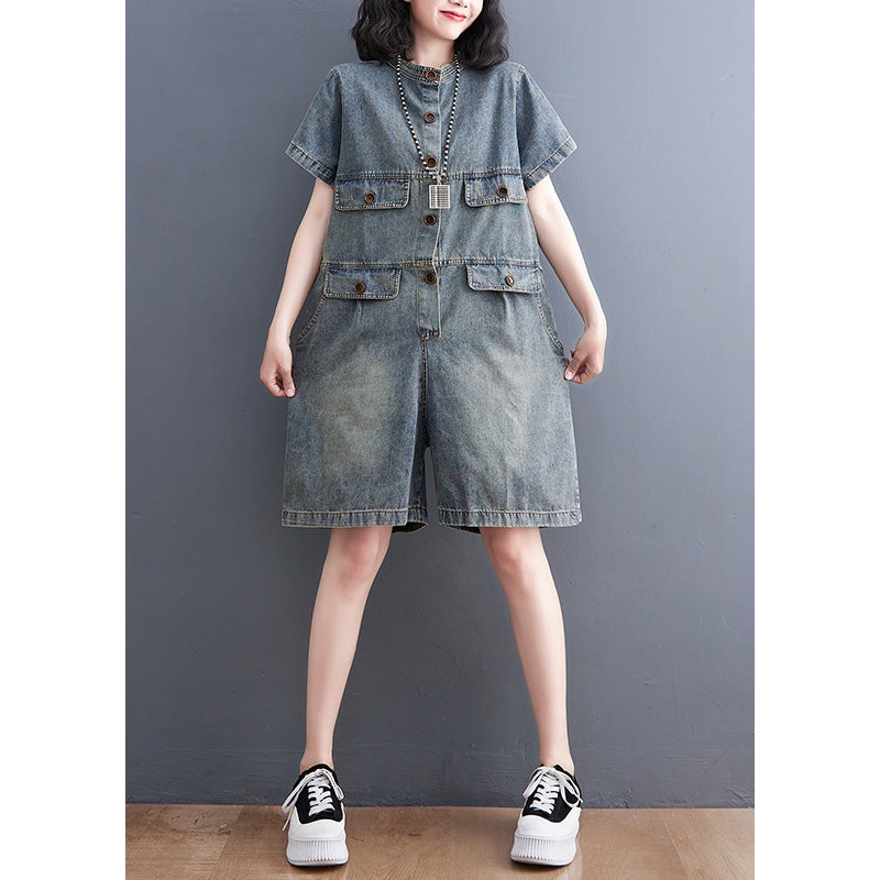 Plus Size Denim Blue O-Neck Patchwork Button Jumpsuits Short Sleeve