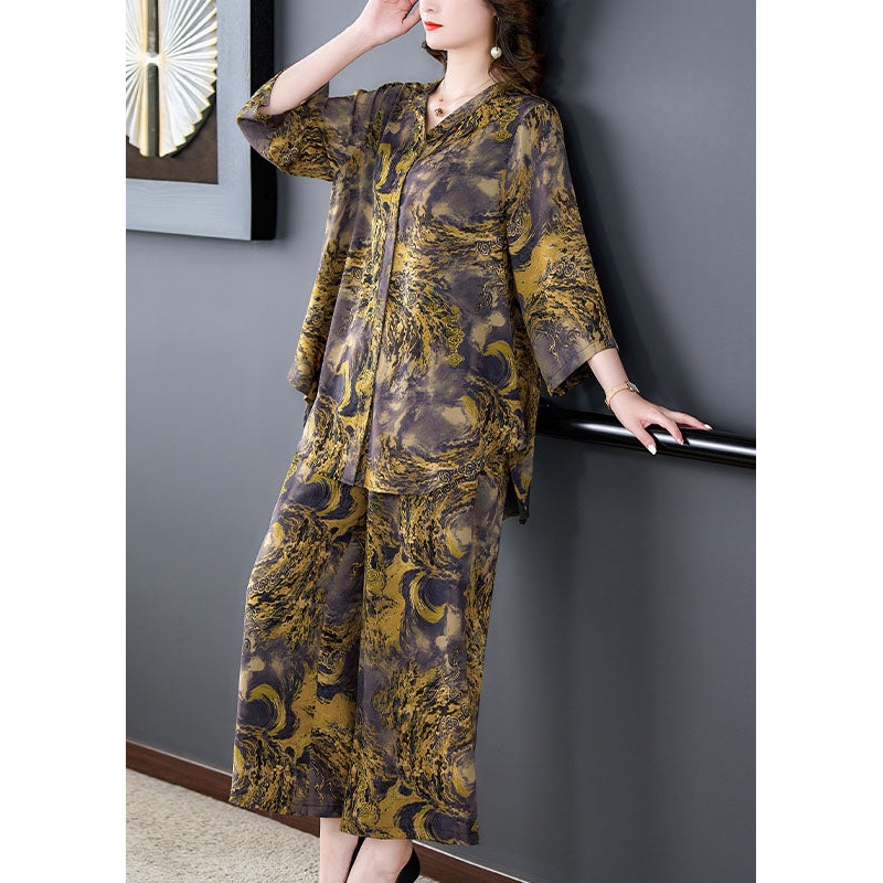 Plus Size Purple V Neck Print Patchwork Silk Two Piece Suit Set Summer