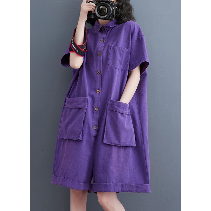 Purple Patchwork Denim Wide Leg Solid Denim Jumpsuit Short Sleeve