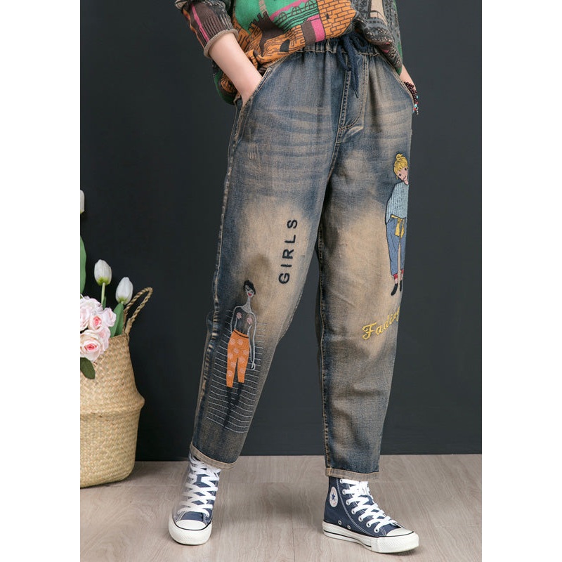 Retro Blue Print Embroideried Elastic Tie Waist Harem Pants Summer