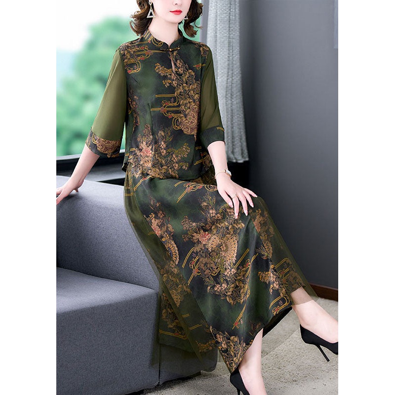 Retro Green Stand Collar Print Tops And Skirts Patchwork Silk Two Piece Set Summer