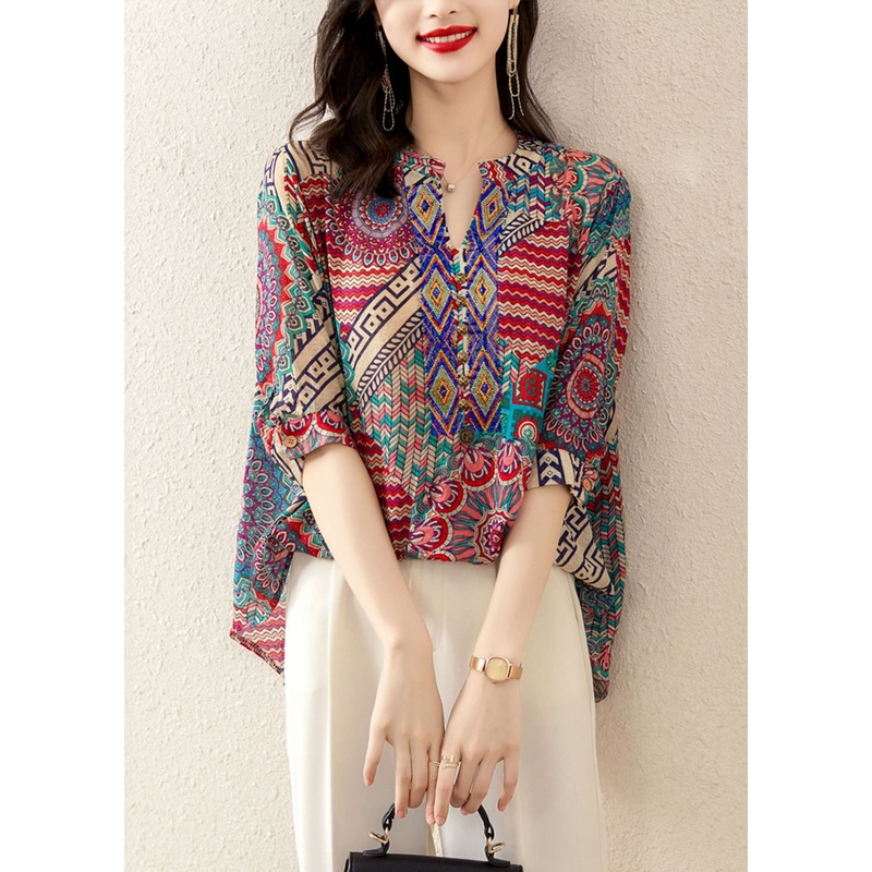 Rose Print Patchwork Chiffon Loose T Shirt Tops V Neck Summer