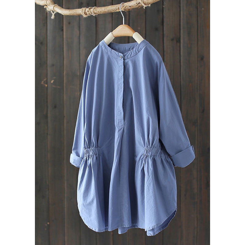Simple Baby Blue O-Neck Wrinkled Button Solid Shirts Long Sleeve