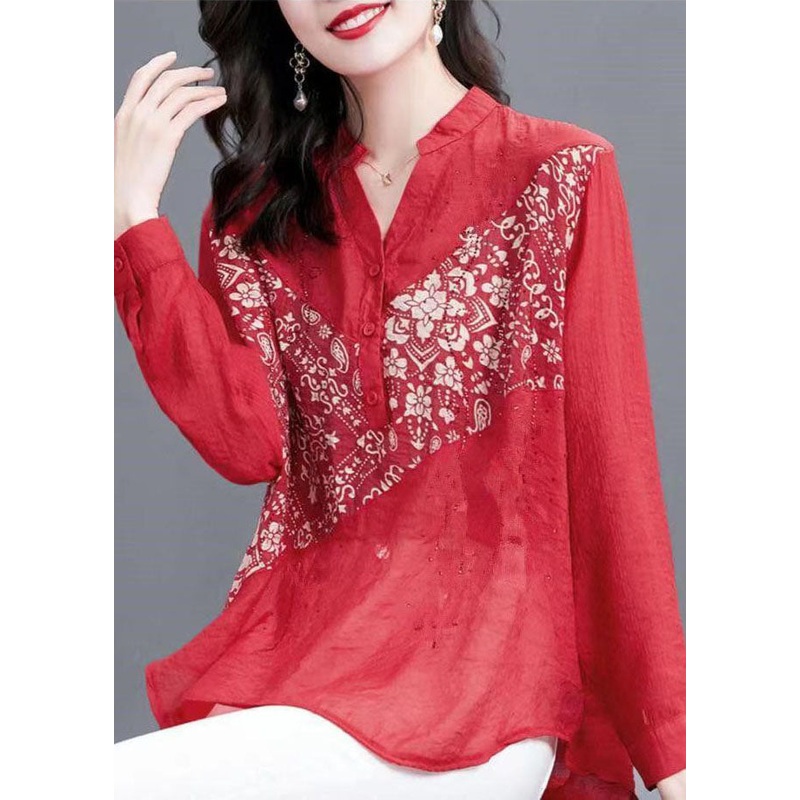 Simple Red V Neck Print Zircon Patchwork Chiffon Shirt Top Long Sleeve