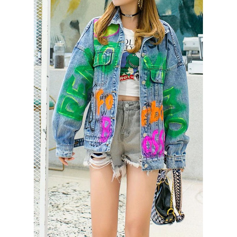 Streetwear Blue Peter Pan Collar Pockets Graphic Patchwork Cotton Coats Spring