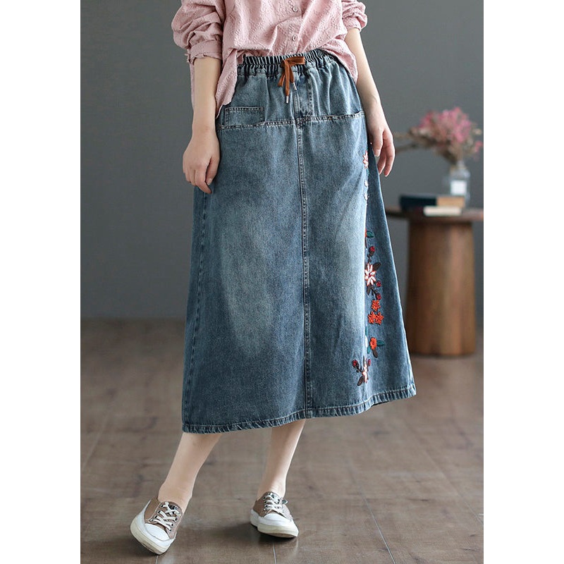 Style Blue Embroideried Patchwork Elastic Waist Denim A Line Skirts Summer