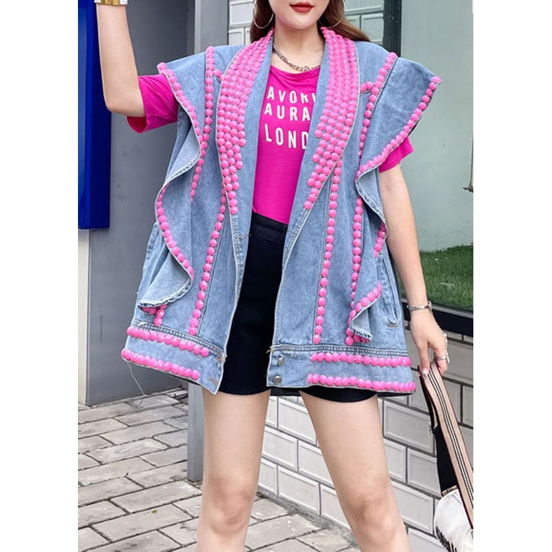 Style Blue Ruffled Nail Bead Letter Patchwork Denim Vest Sleeveless