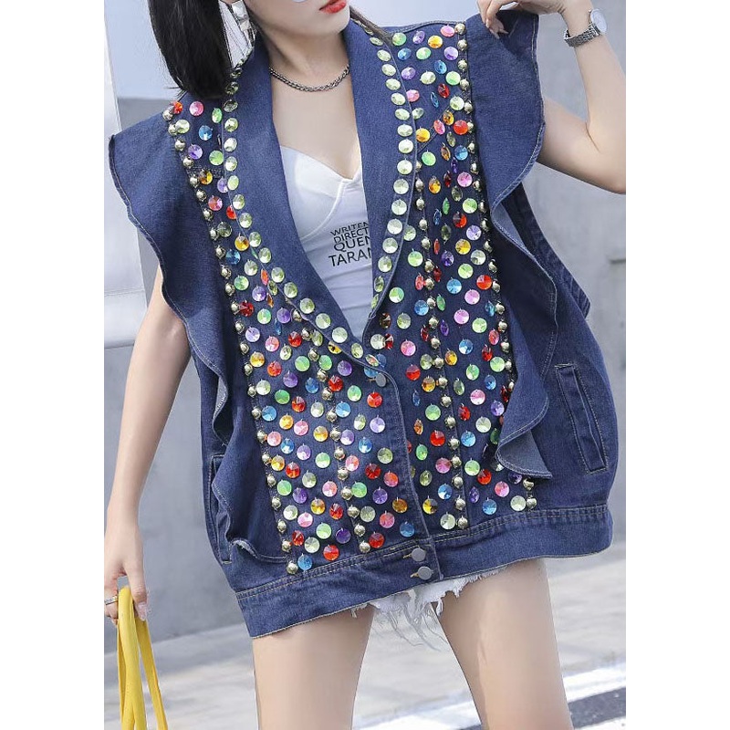 Style Blue Ruffled Nail Bead Sequins Patchwork Denim Vest Sleeveless