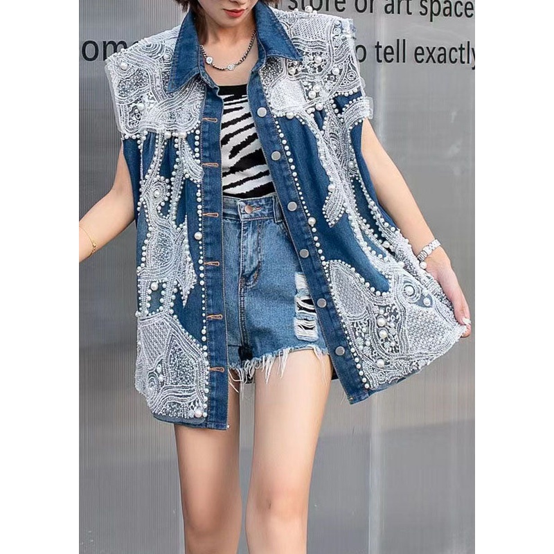 Stylish Blue Embroideried Nail Bead Patchwork Denim Vest Tops Sleeveless