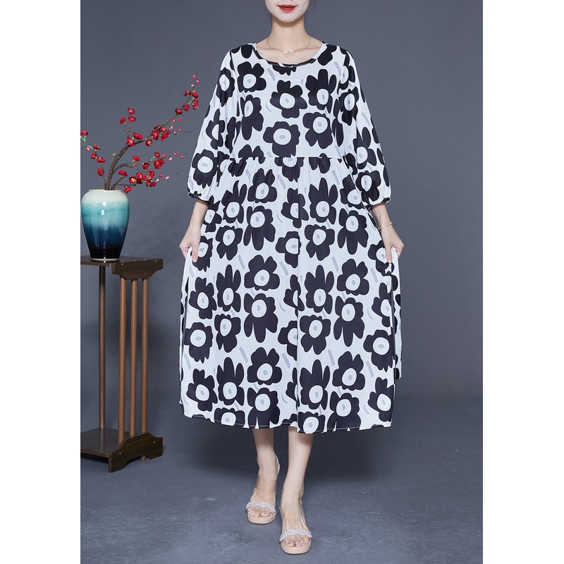 Unique Black O-Neck Sunflower Print Silk Dresses Bracelet Sleeve