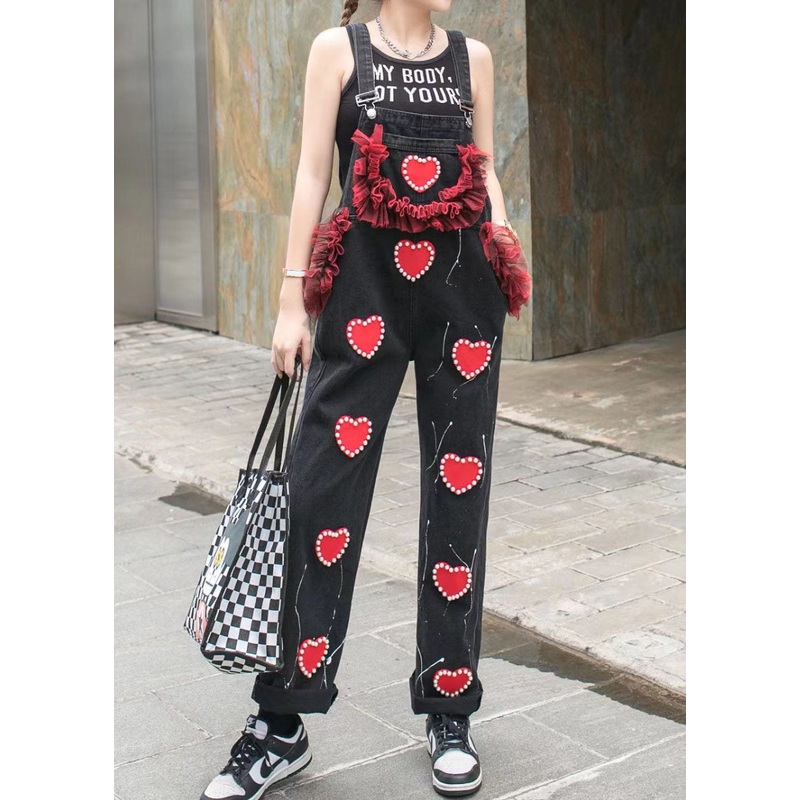 Unique Black Ruffled Nail Bead Patchwork Spaghetti Strap Denim Jumpsuits Summer