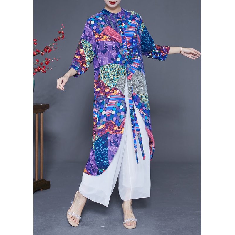 Unique Blue Print Asymmetrical Design Chiffon Long Shirt Summer