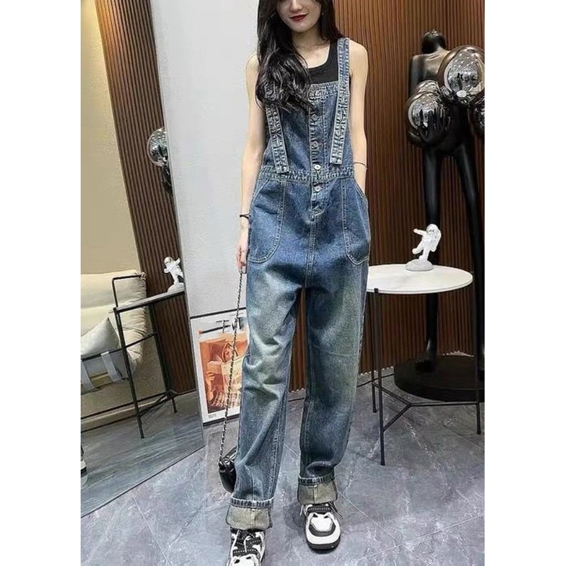 Unique Blue Slash Neck Patchwork Denim Straight Jumpsuit Summer