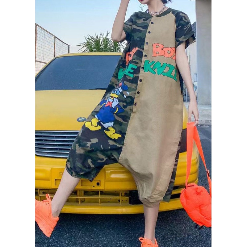 Unique Camouflage Cartoon Print Patchwork Cotton Jumpsuits Summer
