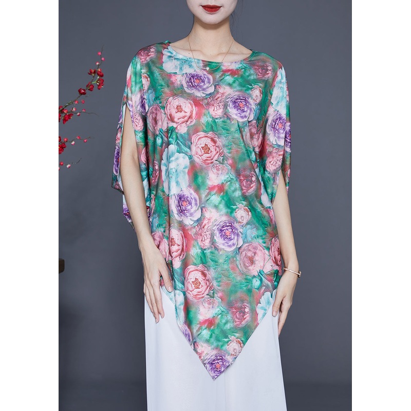 Unique Green Asymmetrical Floral Print Silk Tank Batwing Sleeve