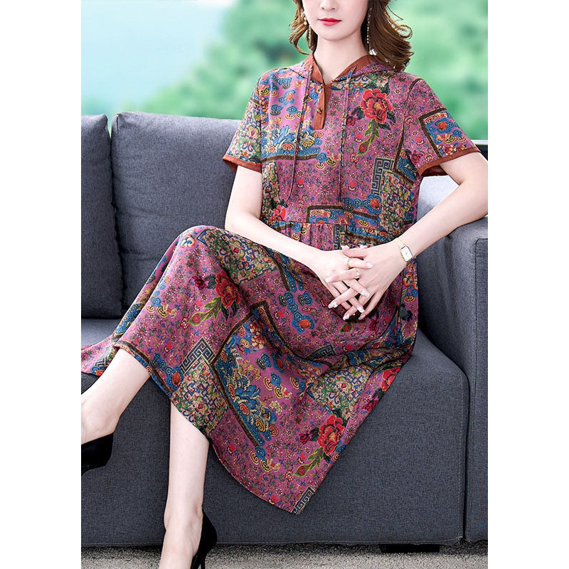 Unique Purple Hooded Print Wrinkled Patchwork Silk Dress Summer