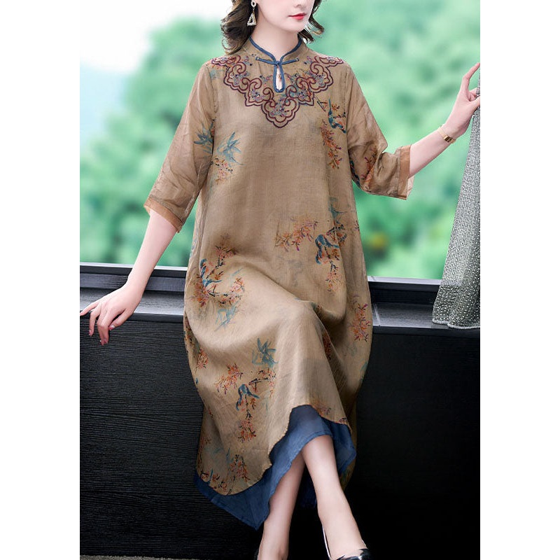 Vintage Coffee Stand Collar Embroideried Patchwork Linen Long Dresses Summer