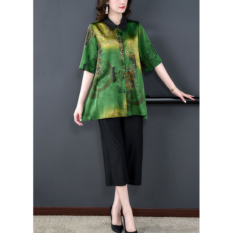Vintage Green Peter Pan Collar Print Tops And Pants Silk Two Pieces Set Summer