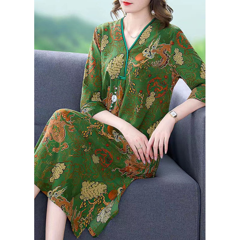 Vintage Green V Neck Print Patchwork Silk Mid Dress Summer
