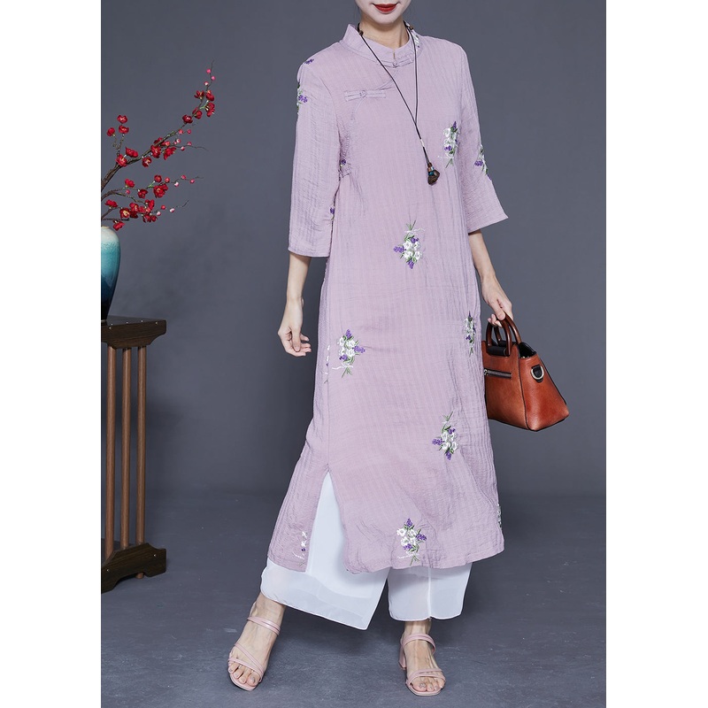 Vintage Purple Embroideried Chinese Button Linen Long Dresses Bracelet Sleeve