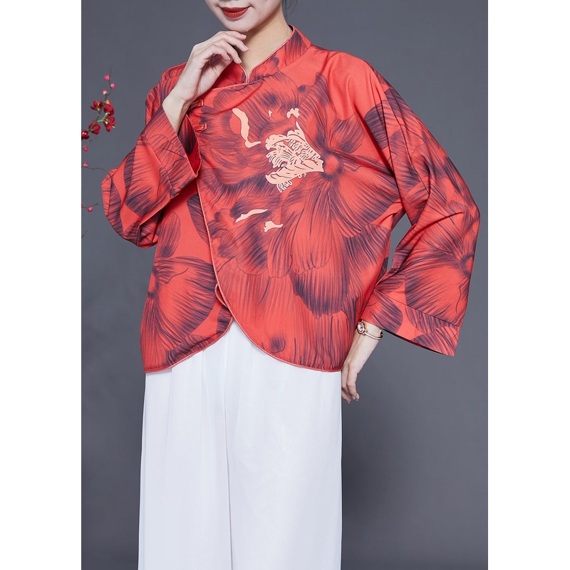 Vintage Red Mandarin Collar Print Chinese Button Silk Jacket Spring