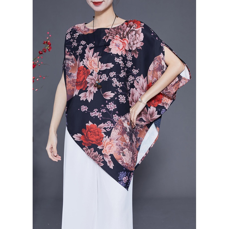 Women Black Asymmetrical Design Print Silk Top Summer