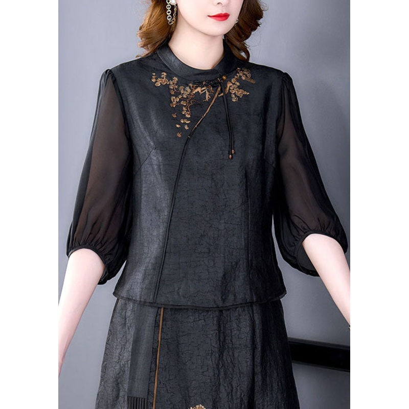Women Black Tasseled Embroideried Patchwork Silk Top Summer
