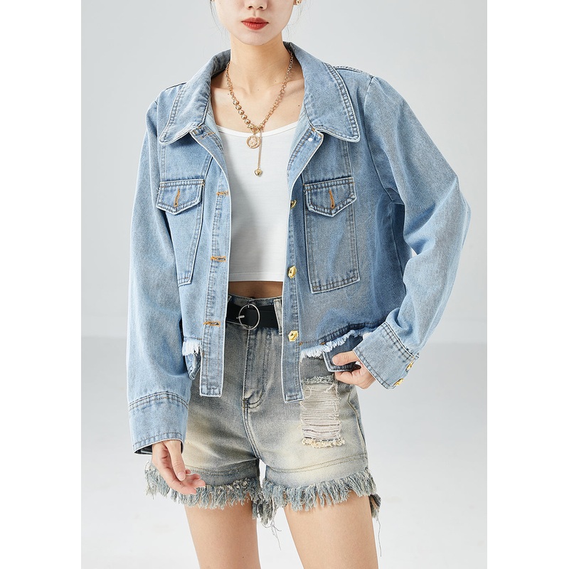 Women Blue Oversized Pockets Cotton Denim Coat Fall
