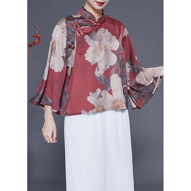 Women Brick Red Stand Collar Print Chinese Button Silk Shirt Flare Sleeve