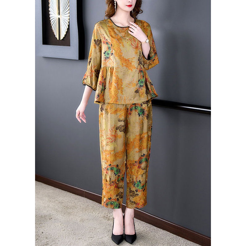 Women Coffee Print Wrinkled Tops And Pants Silk Two-Piece Set Summer