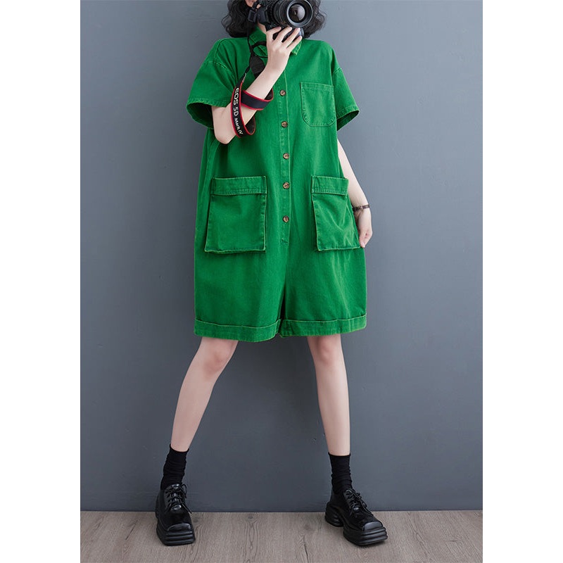 Women Green Peter Pan Collar Button Solid Denim Jumpsuit Summer