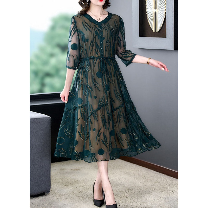 Women Green V Neck Embroidered Patchwork Silk Dress Summer