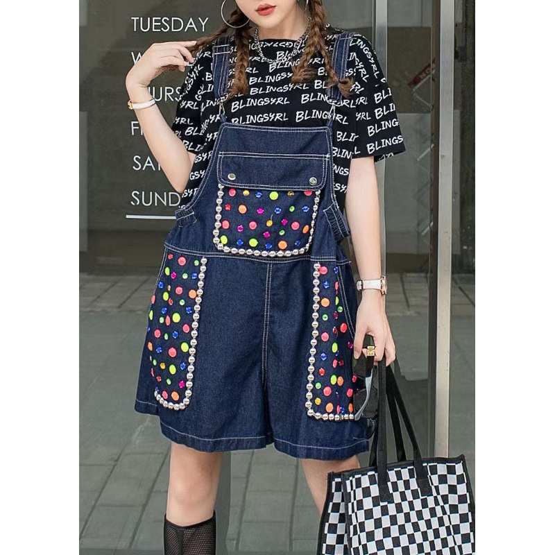 Women Navy Zircon Patchwork Denim Spaghetti Strap Jumpsuits Shorts Summer