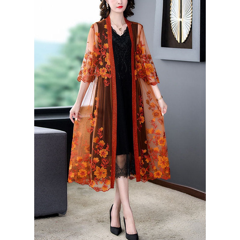 Women Orange Embroideried Patchwork Tulle Long Dresses Summer
