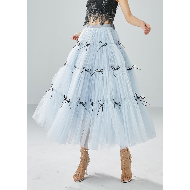 Women Sky Blue High Waist Patchwork Bow Tulle Skirt Summer