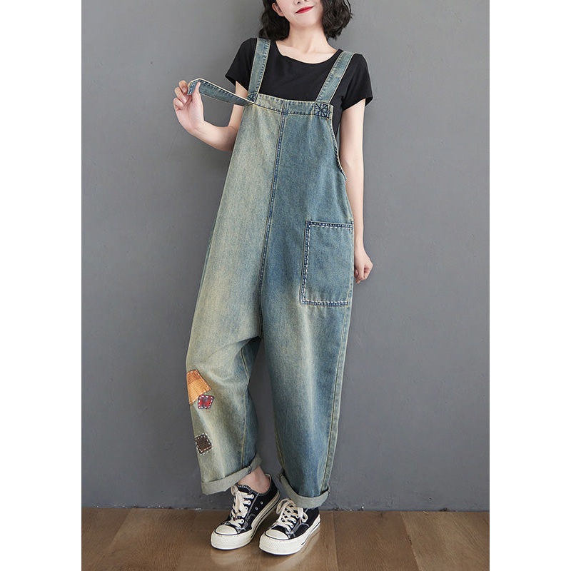 Women Washing Blue Patchwork Cozy Denim Long Jumpsuit