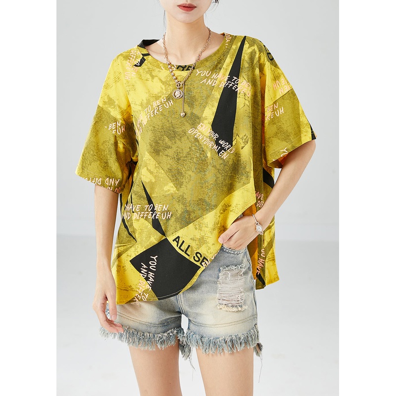Women Yellow Asymmetrical Print Cotton Beach Vest Summer