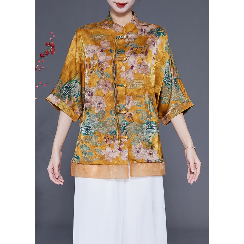Women Yellow Stand Collar Patchwork Tassel Silk Blouses Half Sleeve