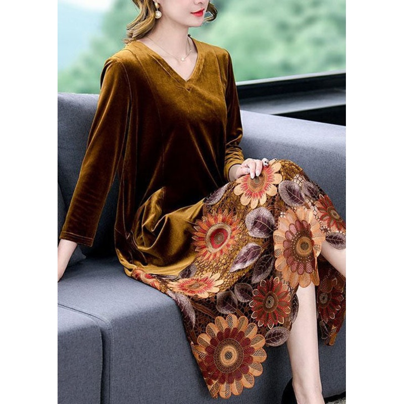 Yellow Patchwork Silk Velour Maxi Dresses Embroideried V Neck Spring
